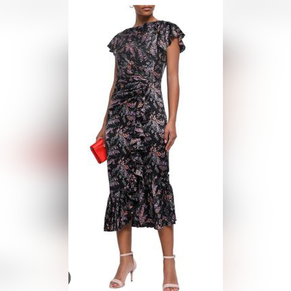 Cinq à Sept,Size 0,Black,Purple,Gray and Peach Floral Midi Dress